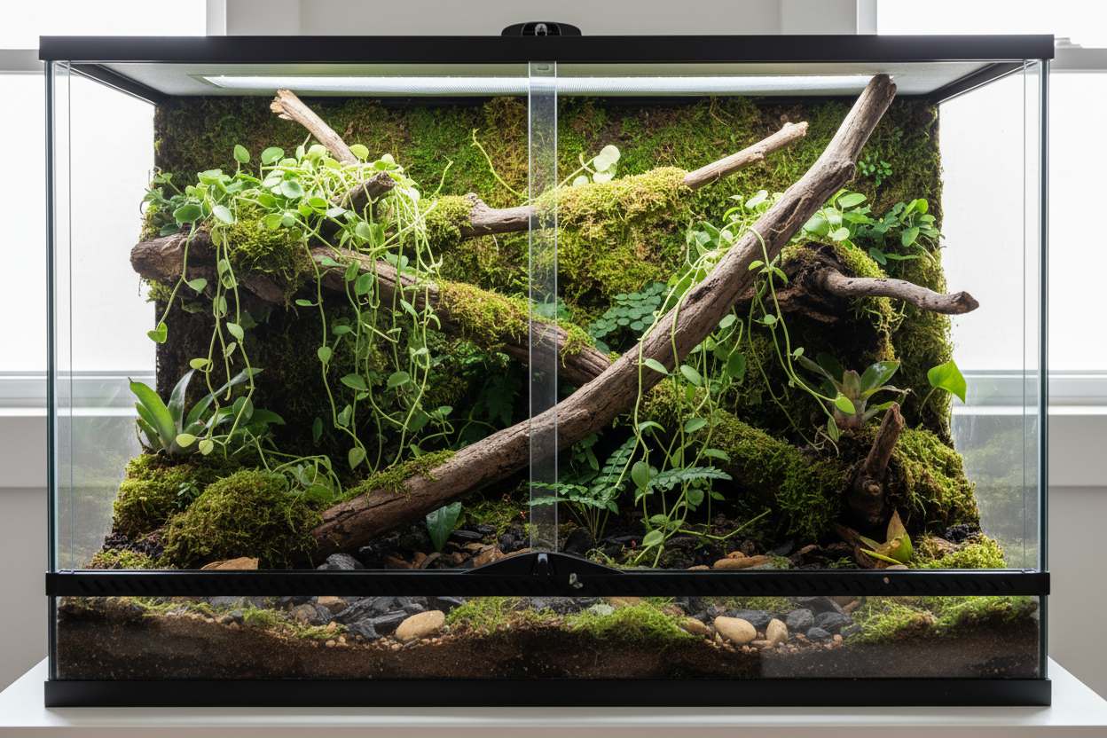 Large terrarium kit with branches, vines,moss make it photorealistic